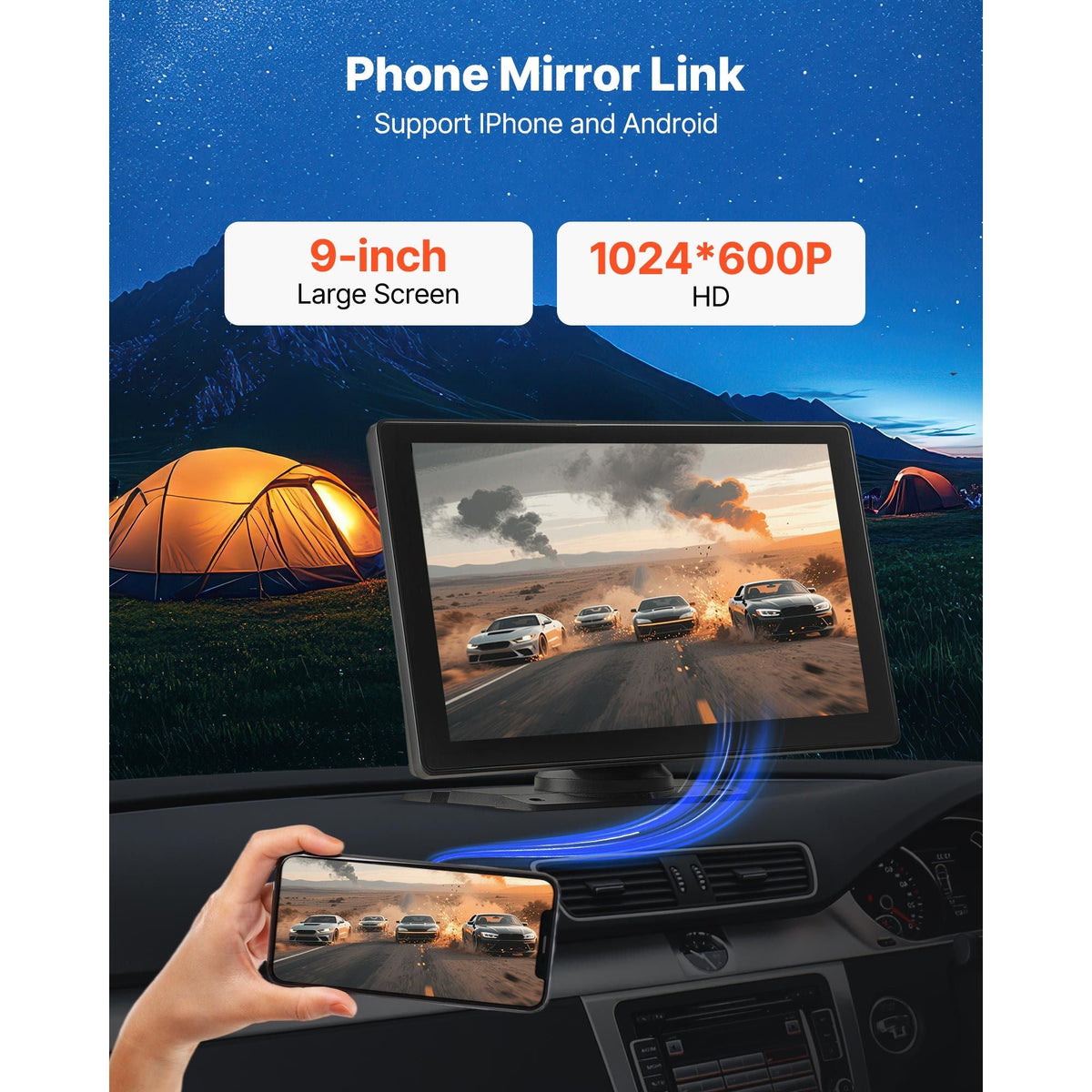 Wireless Car Stereo, 9-Inch HD Portable Radio Touch Screen Compatible with Apple CarPlay & Android Auto, CarPlay Screen with Backup Camera, Voice Control, Mirror Link, Bluetooth, GPS Navigation