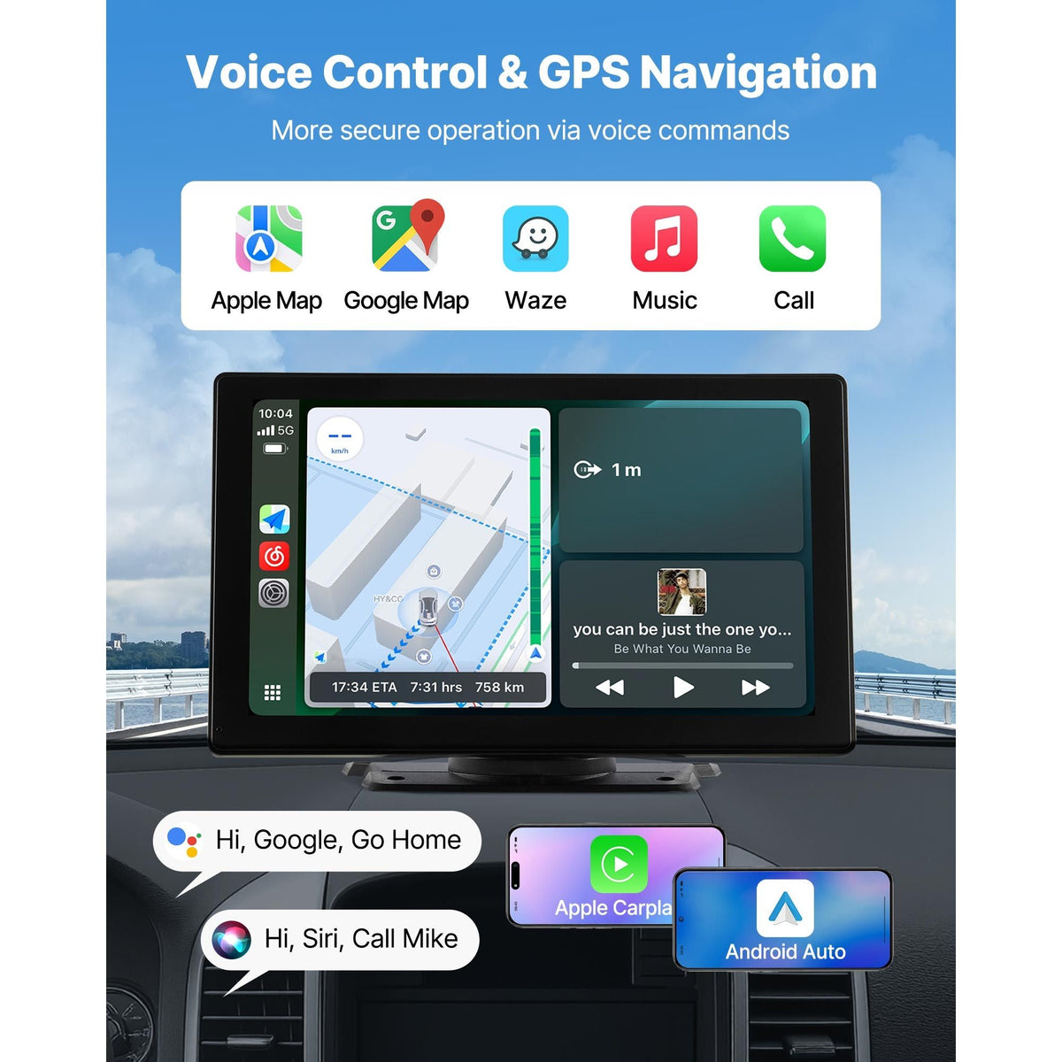 Wireless Car Stereo, 9-Inch HD Portable Radio Touch Screen Compatible with Apple CarPlay & Android Auto, CarPlay Screen with Backup Camera, Voice Control, Mirror Link, Bluetooth, GPS Navigation