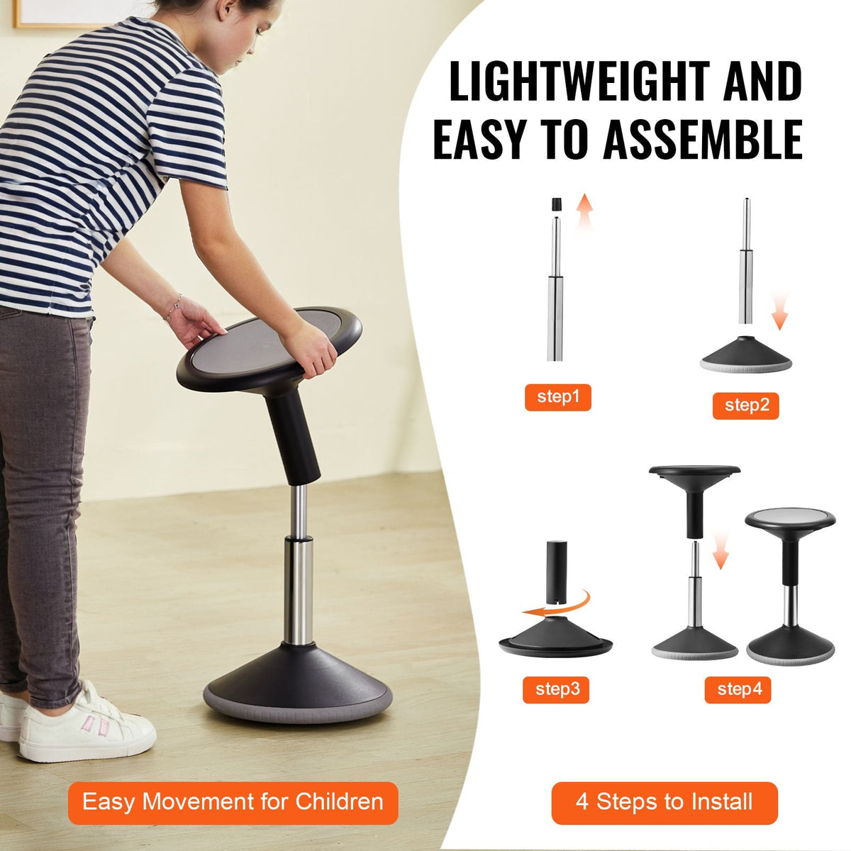 Wobble Chair, Height-Adjustable (15.7-21.7") Active Chair, Flexible Seating Wobble Stool Made of PVC+ABS Improves Focus & Posture, Ideal for Schools, Office and Home, Age 12-18, Black