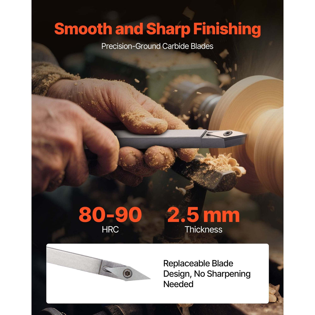 Wood Lathe Turning Tool Set, 6PCS, Lathe Roughing, Finishing, Detailing Hollow Tool with Wooden Handle, Diamond Round Square Carbide Inserts, Wooden Box, for Beginners, Hobbyists, Professionals