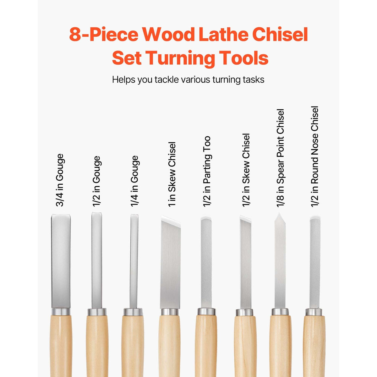 Wood Lathe Turning Tool Set, 8PCS, Lathe Chisel Set with Carbon Steel Blade, 2 Skew, 1 Spear Point, 1 Parting, 1 Round Nose, 3 Gouge Tools, 1 Oxford Bag, for Beginners, Hobbyists, Professionals