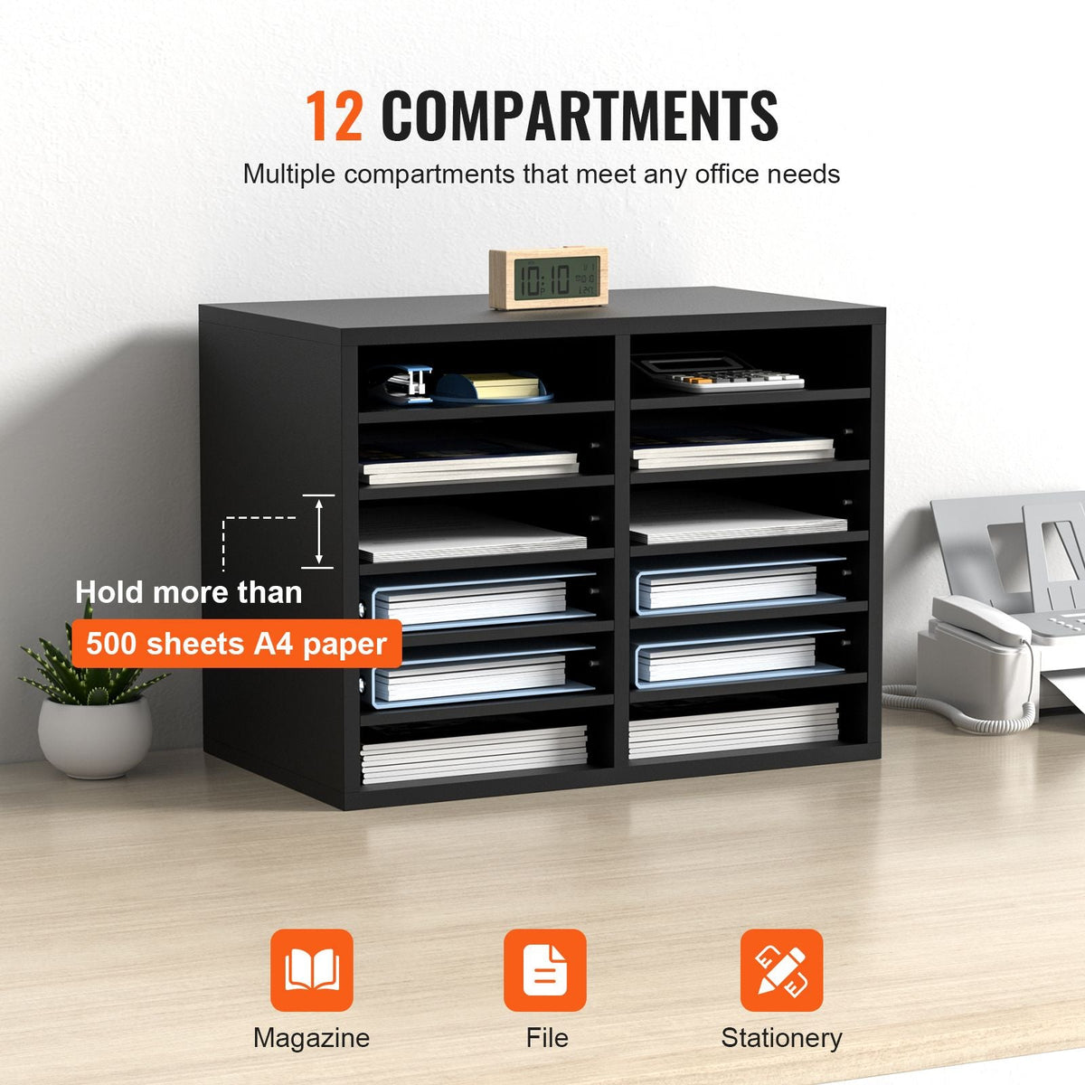 Wood Literature Organizer, 12 Compartments, File Sorter with Removable Shelves, Mailboxes Slot for Office Home Classroom Mailrooms Organization, EPA Certified, Black