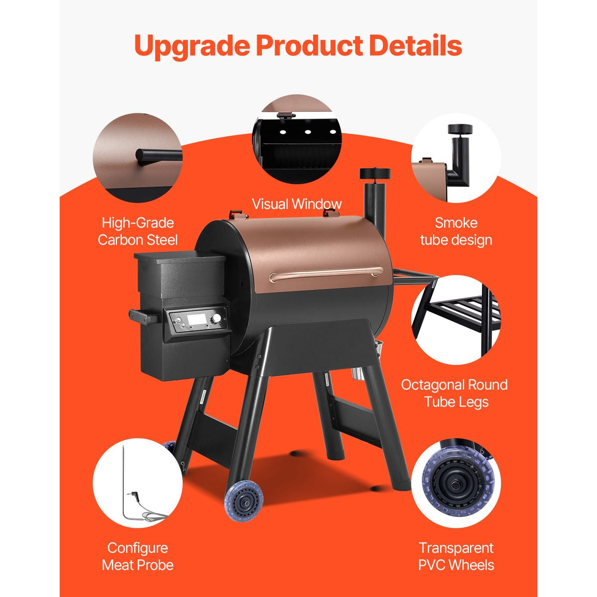 Wood Pellet Grill Smoker, 8 in 1 BBQ Grills for Outdoor Cooking, 575 Sq Inch Cook Area Electric Grill and Smoker, with LCD Screen Controller, Meat Probe, 500 Fahrenheit Max Temperature, Black
