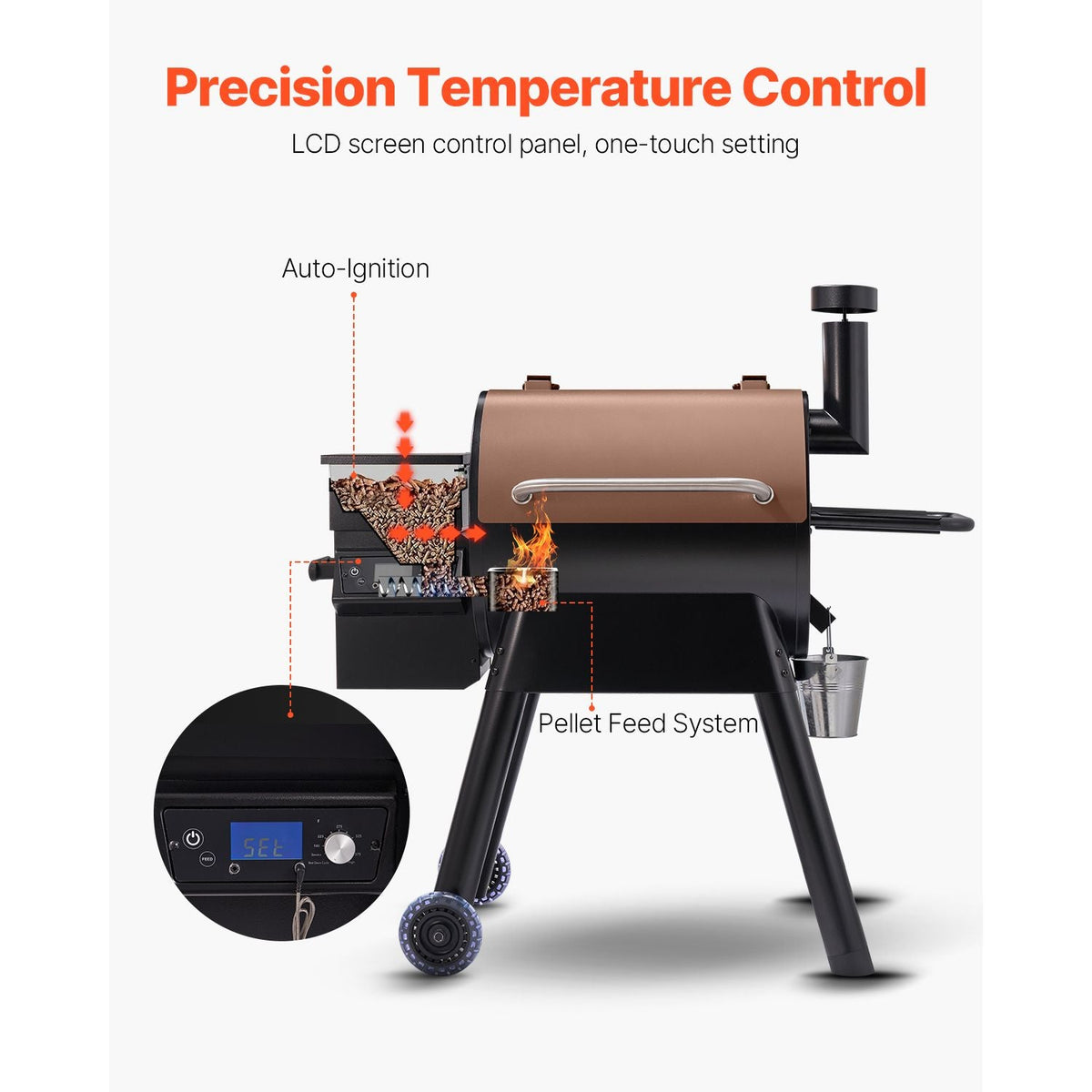 Wood Pellet Grill Smoker, 8 in 1 BBQ Grills for Outdoor Cooking, 575 Sq Inch Cook Area Electric Grill and Smoker, with LCD Screen Controller, Meat Probe, 500 Fahrenheit Max Temperature, Black