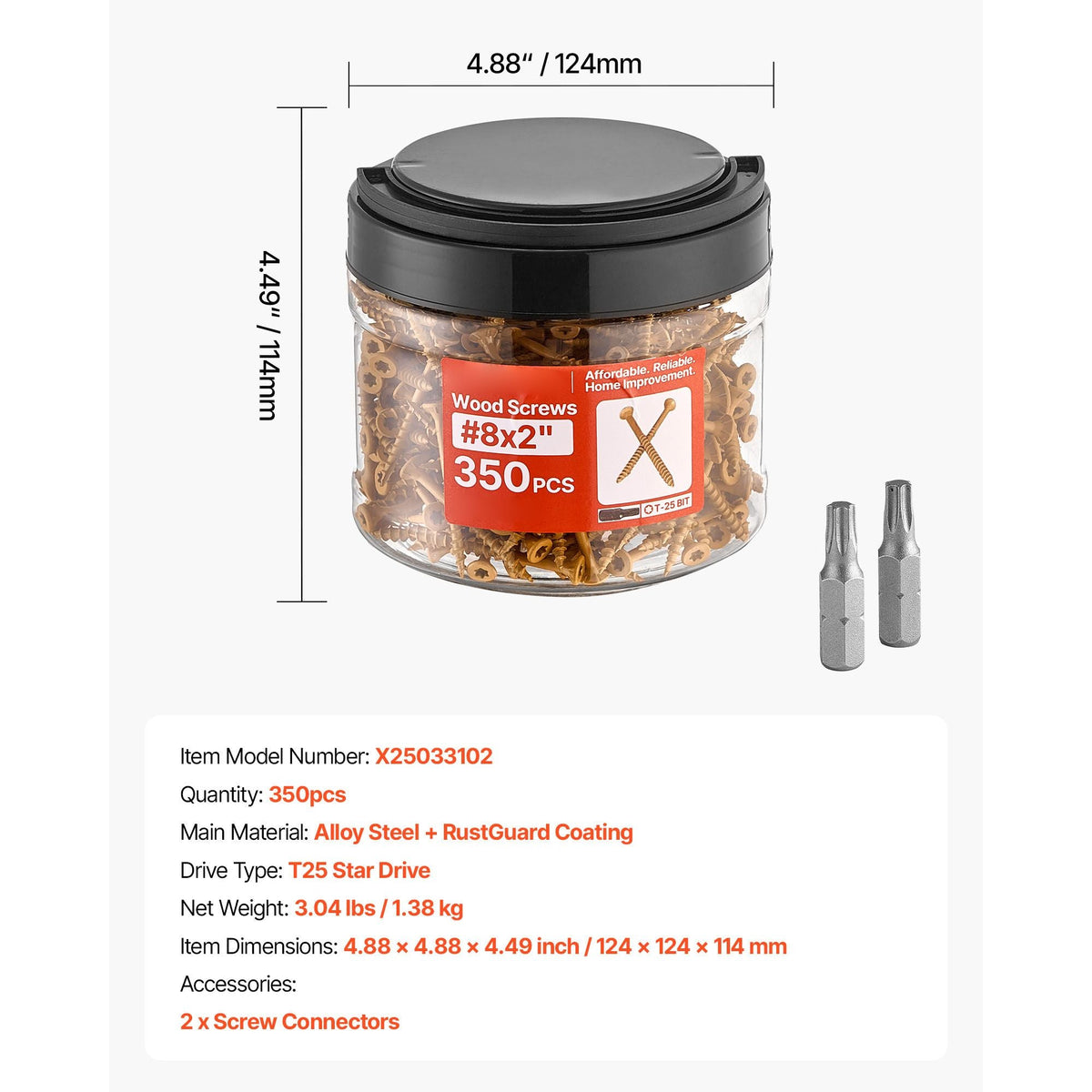 Wood Screws 350 PCS, #8 x 2-Inch Anti-Rust Coated, Exterior Deck Screw Torx/T25 Star Drive, Metal Rust-Resistant Outdoor Decking Screws with 2 Screw Connectors, for Decking Fencing Framing