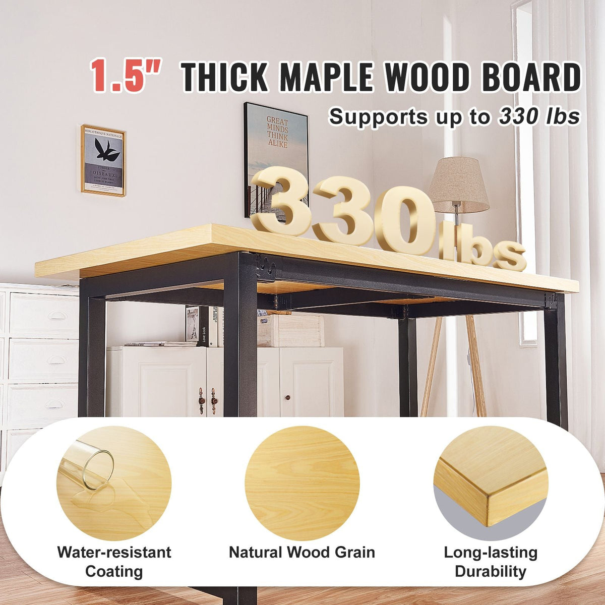Wood Table Top, Holds up to 330 lb, 47.2" x 29.5" x 1.5" Rectangular Countertop for Height Adjustable Electric Standing Desk Frame, Universal Solid One-Piece Maple Desktop for Office & Home Desk