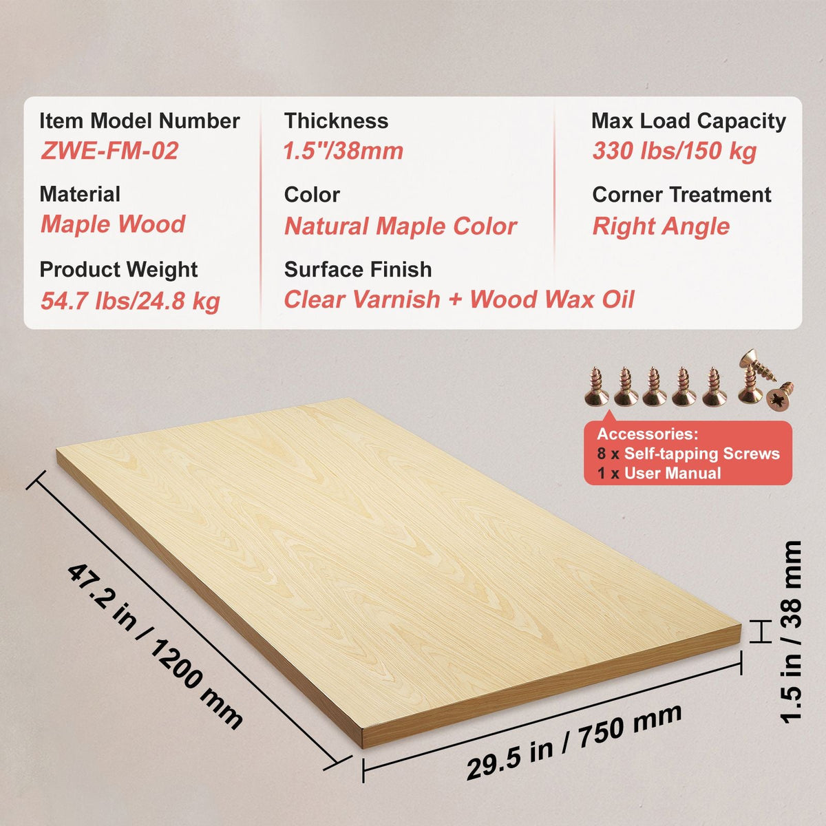 Wood Table Top, Holds up to 330 lb, 47.2" x 29.5" x 1.5" Rectangular Countertop for Height Adjustable Electric Standing Desk Frame, Universal Solid One-Piece Maple Desktop for Office & Home Desk