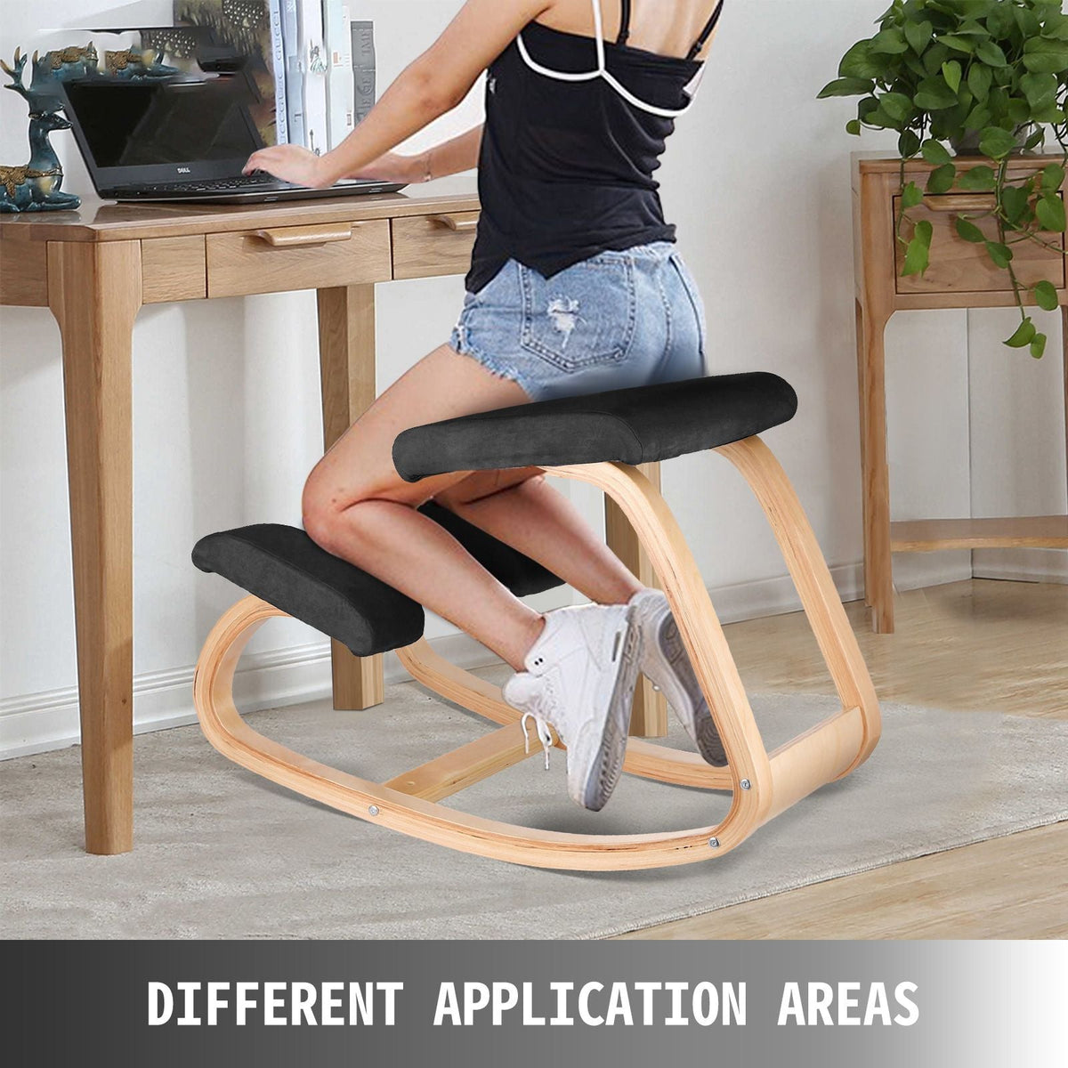 Wooden Ergonomic Kneeling Chair Memory Seat Cushion Relieving Body Black