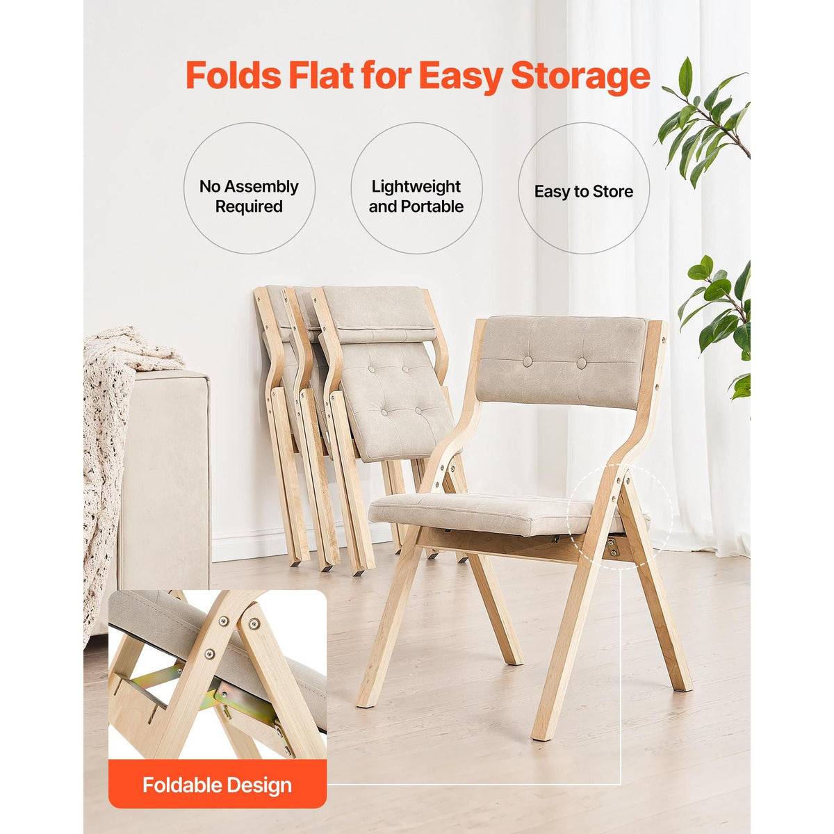 Wooden Folding Chairs with Cushion, Set of 2, Portable Foldable Cushion Chair with Wooden Frame, Modern Padded Dining Chair for Kitchen, Office, Wedding, Party, Dining Room, Easy Assembly, Beige