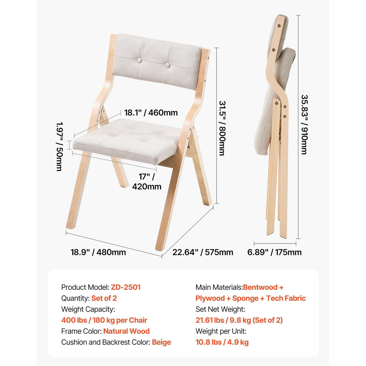 Wooden Folding Chairs with Cushion, Set of 2, Portable Foldable Cushion Chair with Wooden Frame, Modern Padded Dining Chair for Kitchen, Office, Wedding, Party, Dining Room, Easy Assembly, Beige