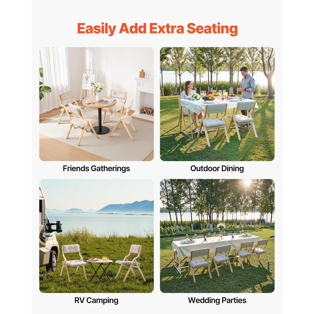 Wooden Folding Chairs with Cushion, Set of 2, Portable Foldable Cushion Chair with Wooden Frame, Modern Padded Dining Chair for Kitchen, Office, Wedding, Party, Dining Room, Easy Assembly, Beige