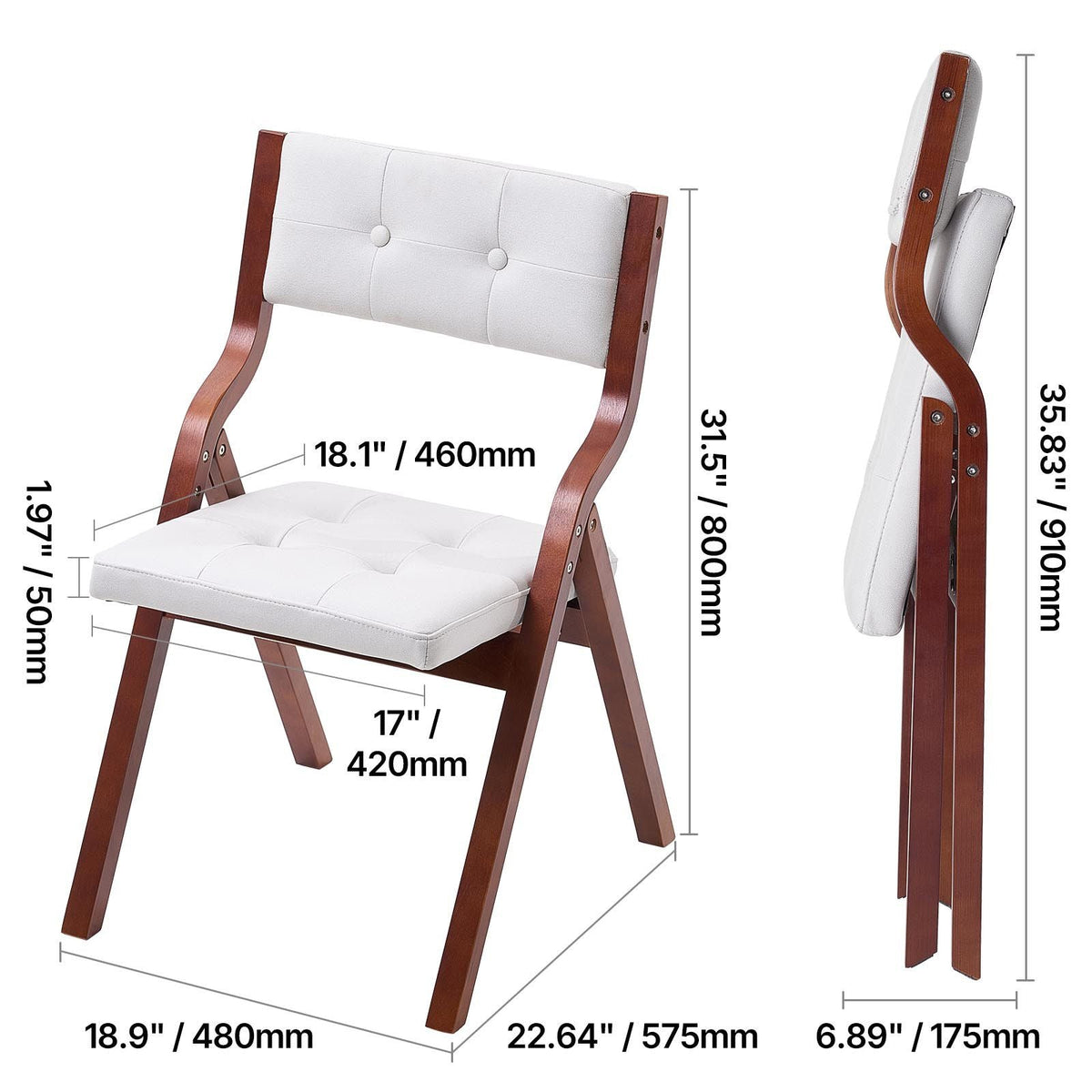 Wooden Folding Chairs with Cushion, Set of 2, Portable Foldable Cushion Chair with Wooden Frame, Modern Padded Dining Chair for Kitchen, Office, Wedding, Party, Dining Room, Easy Assembly, White