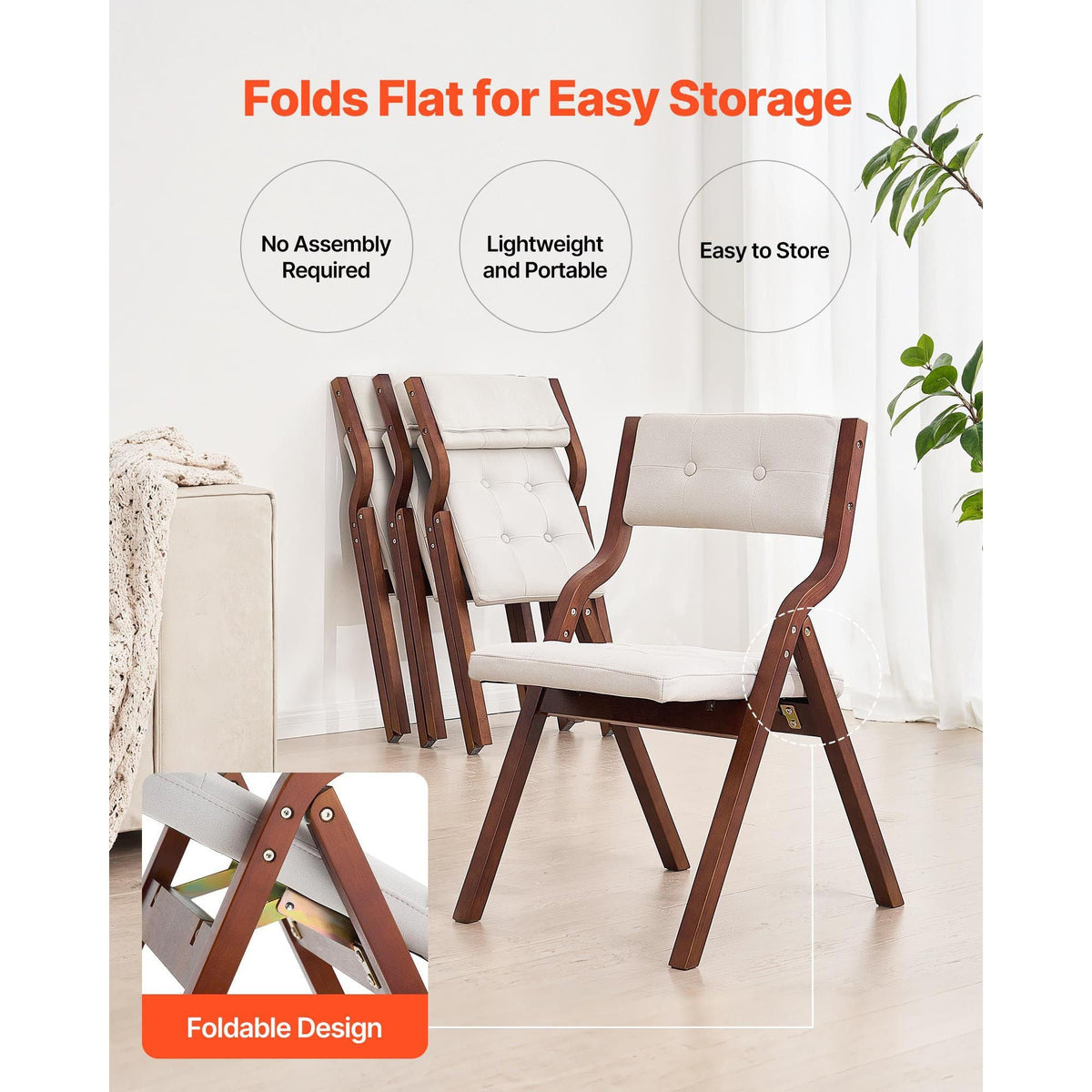 Wooden Folding Chairs with Cushion, Set of 2, Portable Foldable Cushion Chair with Wooden Frame, Modern Padded Dining Chair for Kitchen, Office, Wedding, Party, Dining Room, Easy Assembly, White