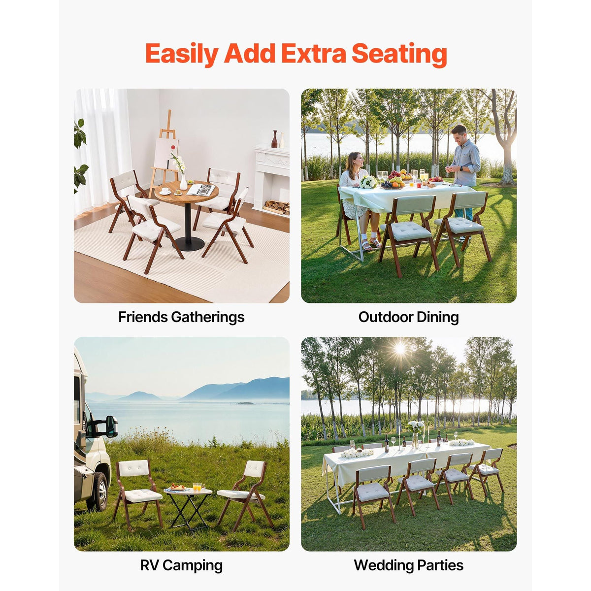 Wooden Folding Chairs with Cushion, Set of 2, Portable Foldable Cushion Chair with Wooden Frame, Modern Padded Dining Chair for Kitchen, Office, Wedding, Party, Dining Room, Easy Assembly, White