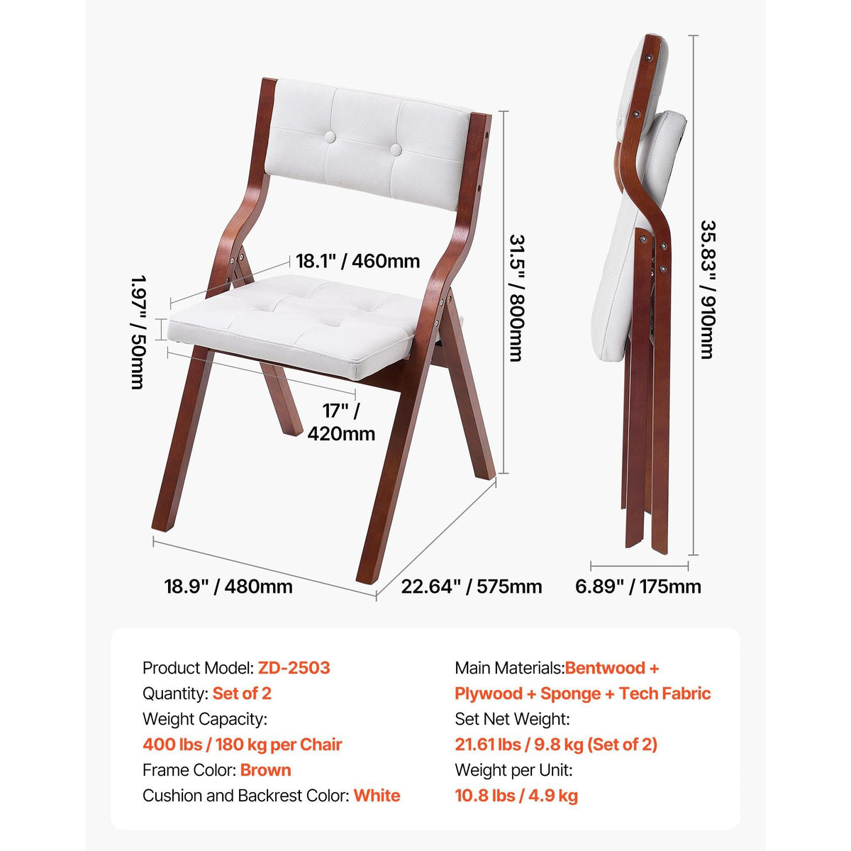 Wooden Folding Chairs with Cushion, Set of 2, Portable Foldable Cushion Chair with Wooden Frame, Modern Padded Dining Chair for Kitchen, Office, Wedding, Party, Dining Room, Easy Assembly, White