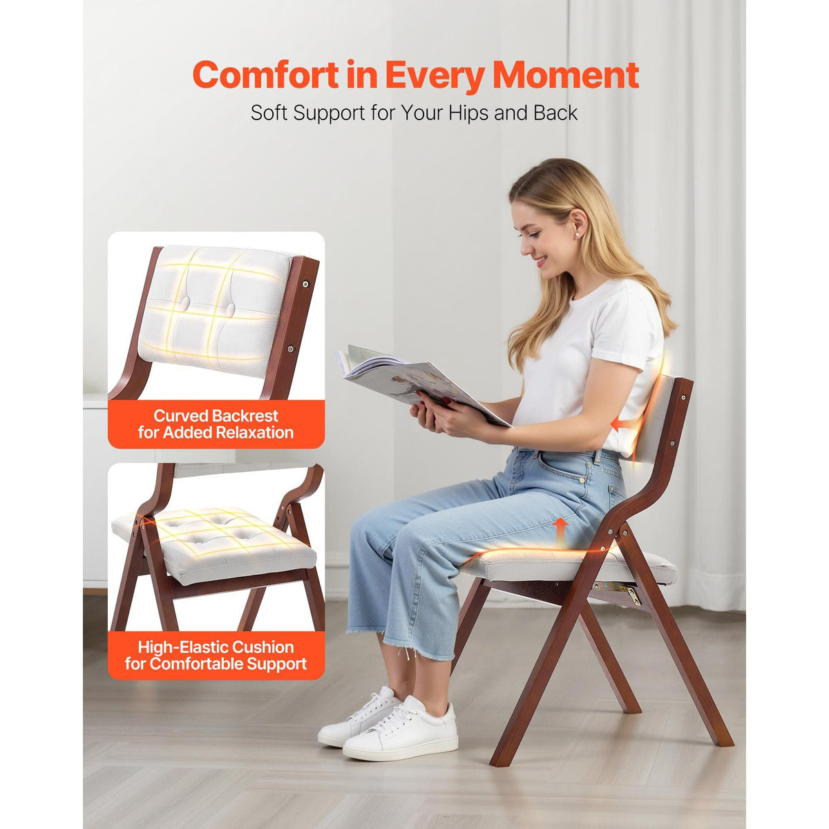 Wooden Folding Chairs with Cushion, Set of 4, Portable Foldable Cushion Chair with Wooden Frame, Modern Padded Dining Chair for Kitchen, Office, Wedding, Party, Dining Room, Easy Assembly, White