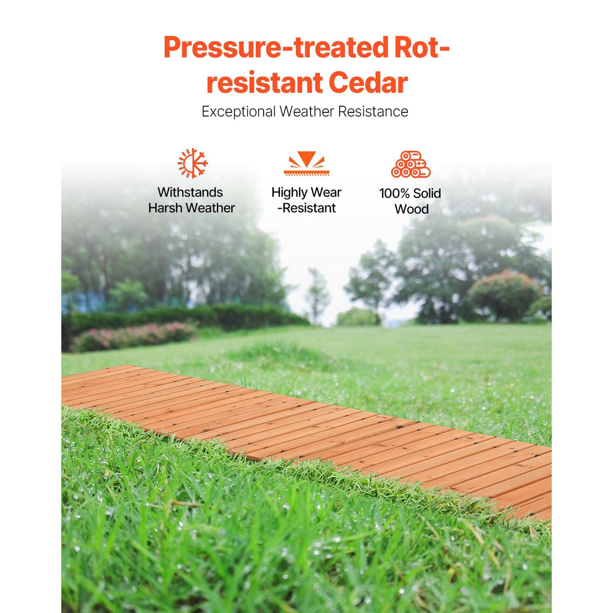 Wooden Garden Pathway, 12 ft L x 17 in W, Non-Slip Straight Garden Walkway, Roll Out Cedar Outdoor Walkway Path with Wire Rope Connection, Decorative Garden Paver for Backyard Wedding Party