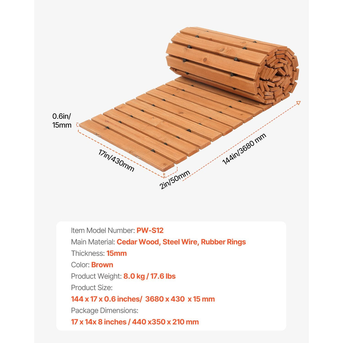 Wooden Garden Pathway, 12 ft L x 17 in W, Non-Slip Straight Garden Walkway, Roll Out Cedar Outdoor Walkway Path with Wire Rope Connection, Decorative Garden Paver for Backyard Wedding Party