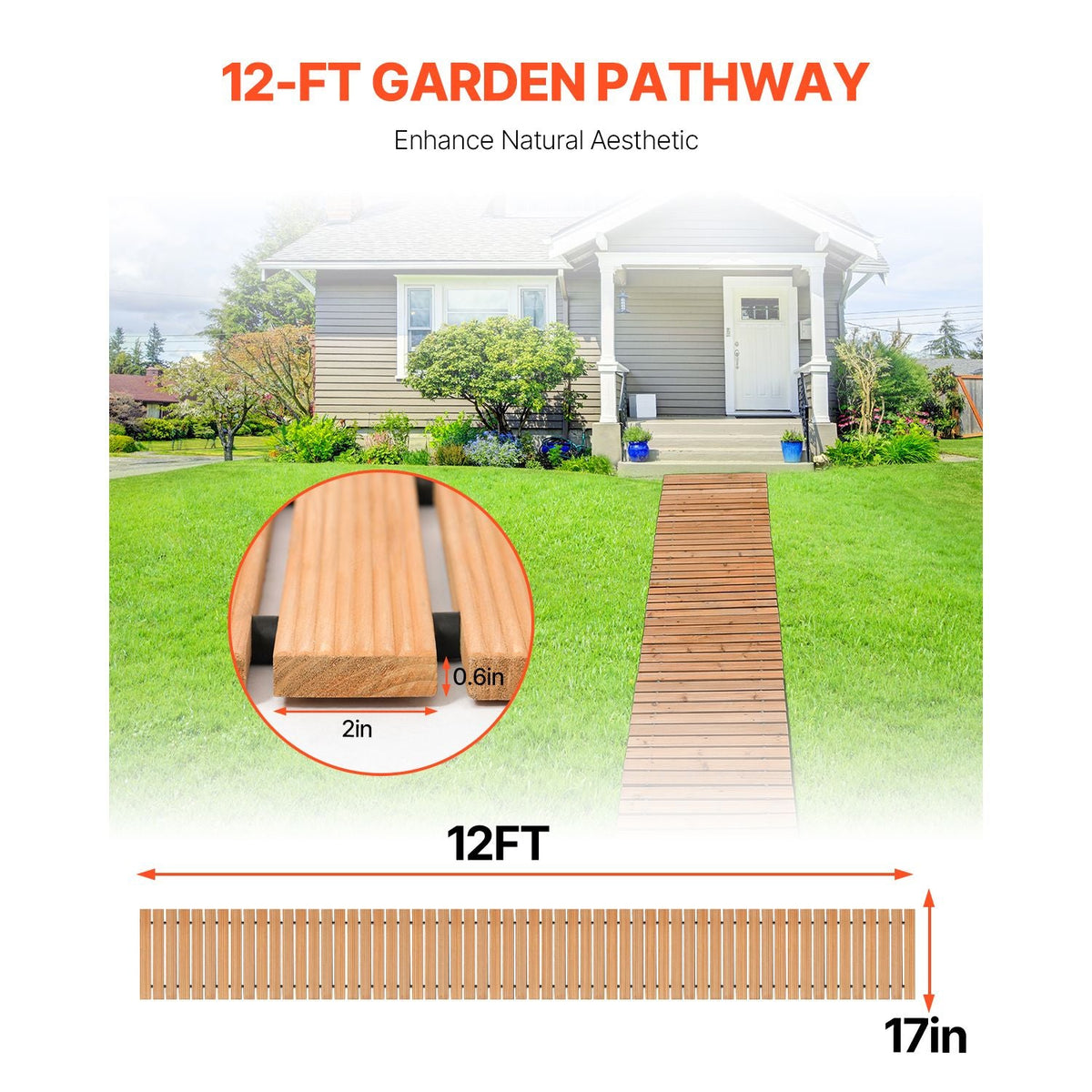 Wooden Garden Pathway, 12 ft L x 17 in W, Non-Slip Straight Garden Walkway, Roll Out Cedar Outdoor Walkway Path with Wire Rope Connection, Decorative Garden Paver for Backyard Wedding Party
