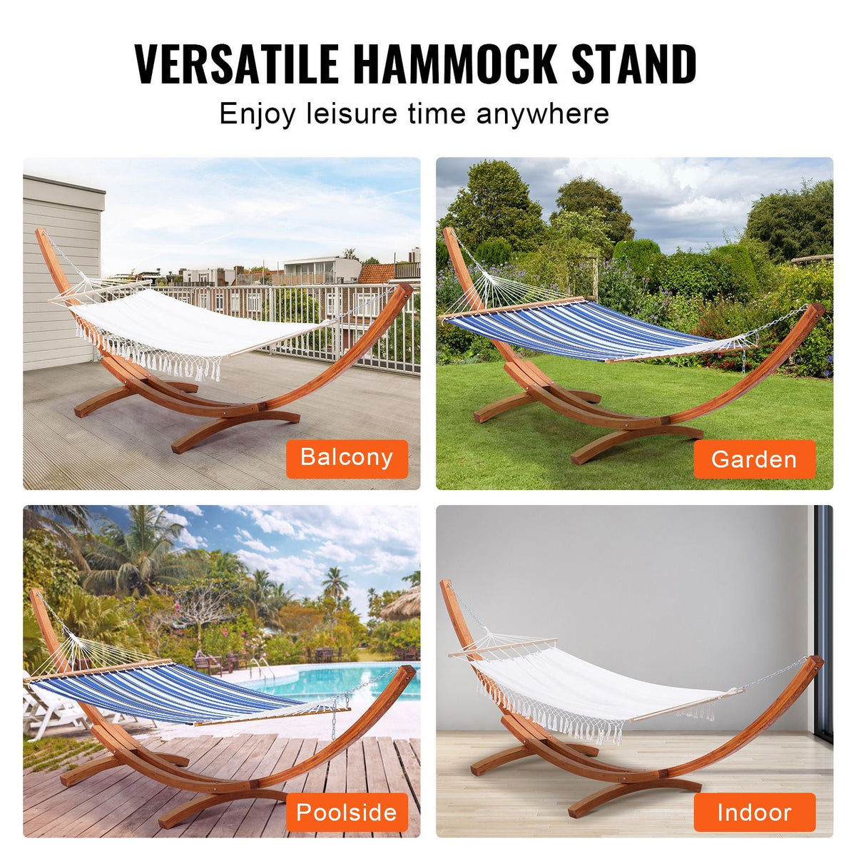Wooden Hammock Stand, 475 lbs Capacity Universal 2 Person Hammock Frame Fits 9-13 ft Hammocks, Larch Wood Arc Adjustable Stand for Hammock with Chain and Carabiner, for Outdoor and Indoor