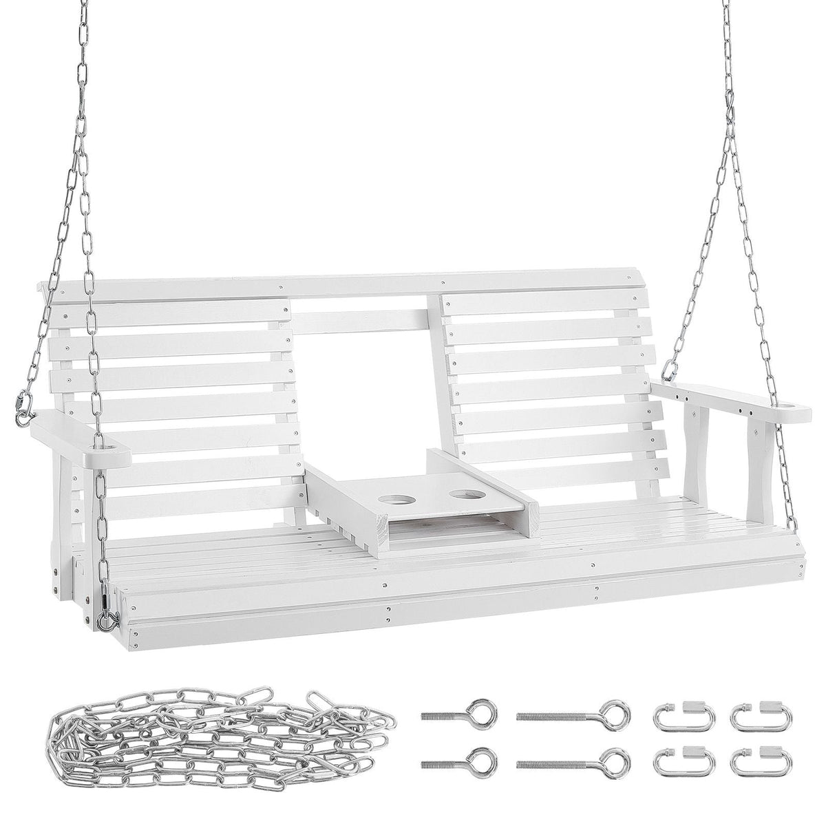 Wooden Porch Swing 5 ft, Patio bench swing for Courtyard & Garden, Upgraded 880 lbs Strong Load Capacity, Heavy Duty Swing Chair Bench with Hanging Chains for Outdoors, White