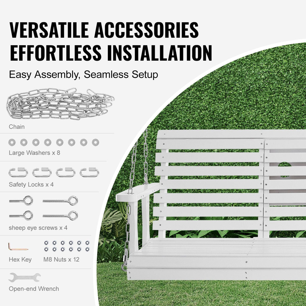 Wooden Porch Swing 5 ft, Patio bench swing for Courtyard & Garden, Upgraded 880 lbs Strong Load Capacity, Heavy Duty Swing Chair Bench with Hanging Chains for Outdoors, White