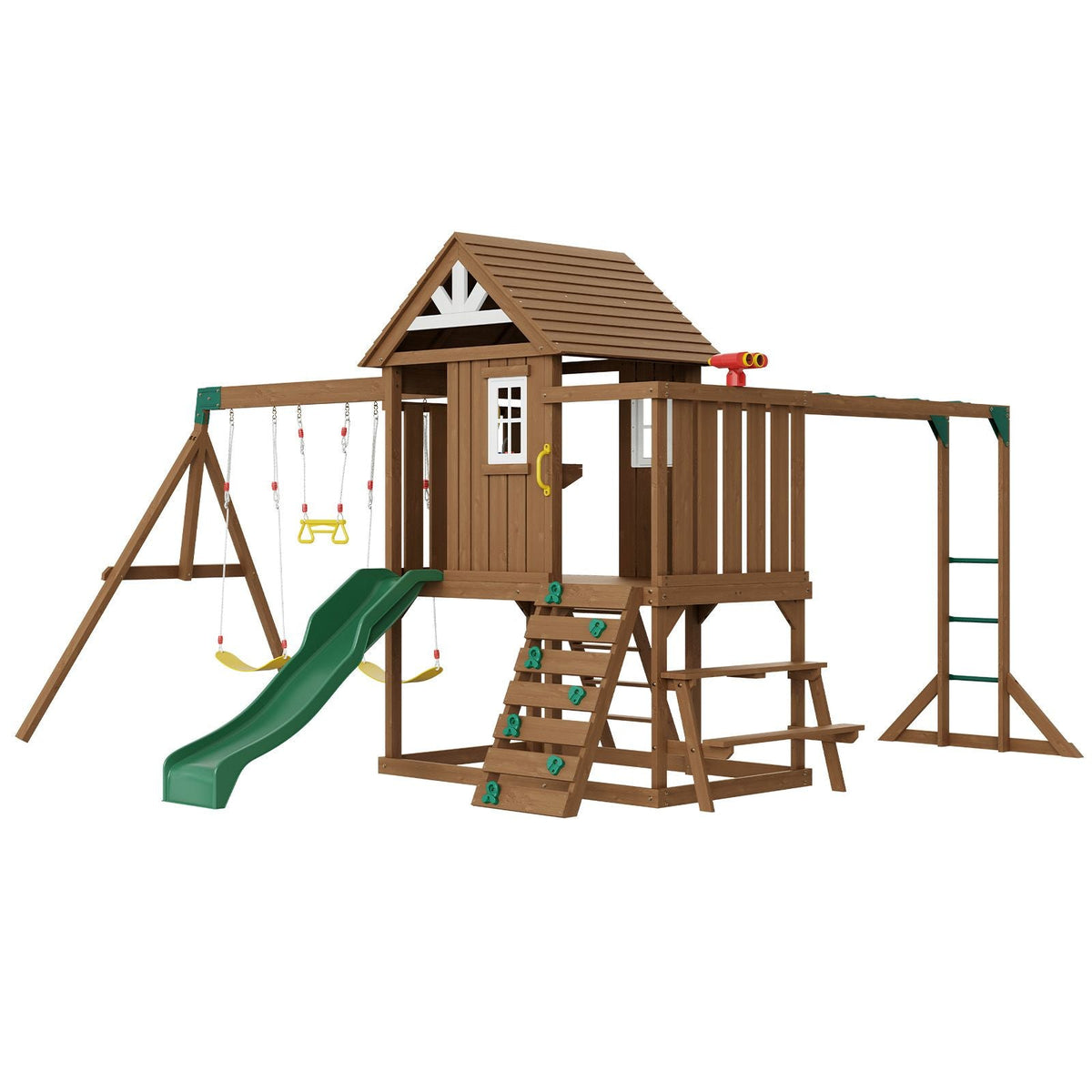 Wooden Swing Set, 10 IN 1 Playground Sets for Backyards, 2 Swings, Trapeze Bar, 6FT Slide, Large Upper Fort with Kitchen Toys, Flat Step Ladder, Rock Wall, Picnic Table, Sandbox, Scaling Ladder