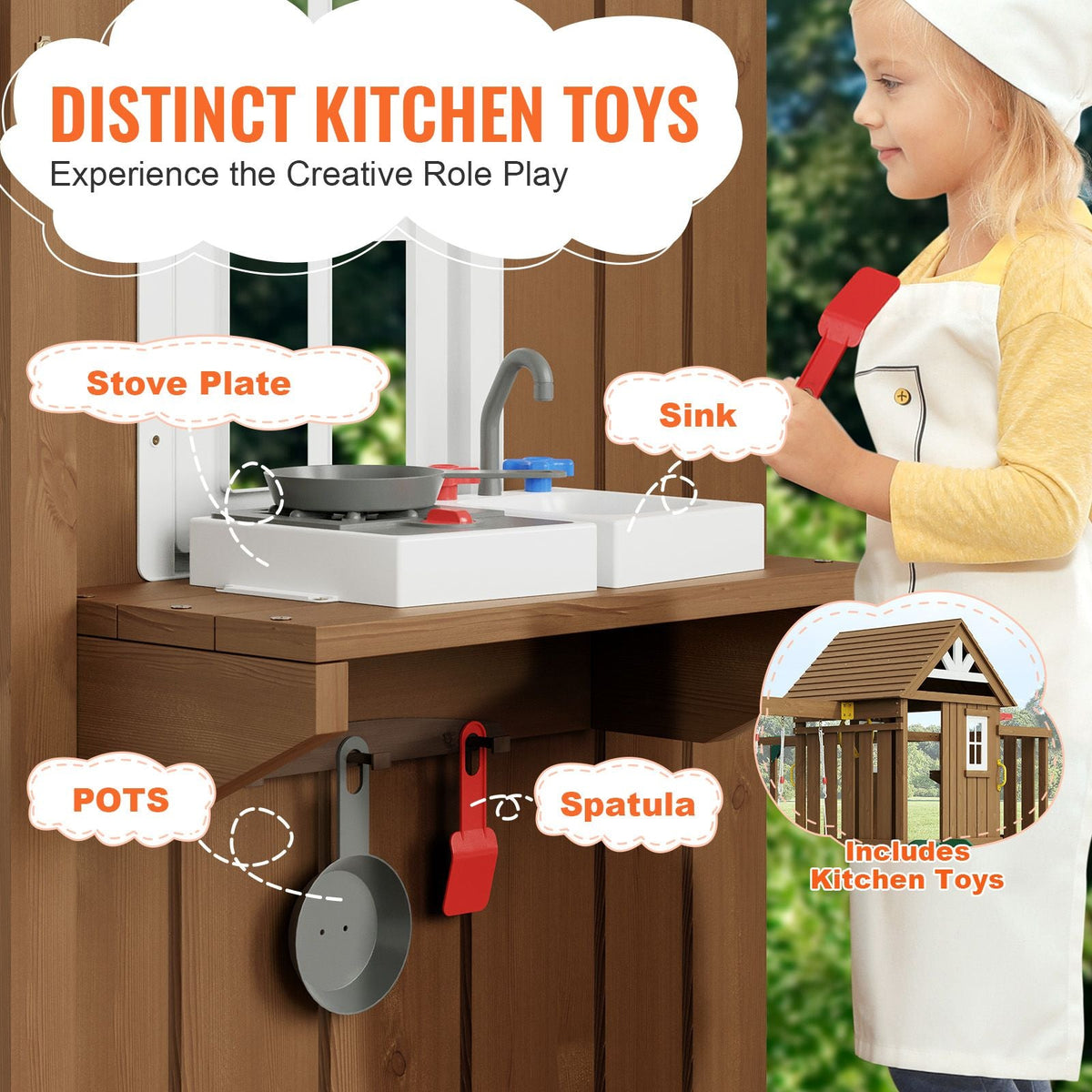 Wooden Swing Set, 10 IN 1 Playground Sets for Backyards, 2 Swings, Trapeze Bar, 6FT Slide, Large Upper Fort with Kitchen Toys, Flat Step Ladder, Rock Wall, Picnic Table, Sandbox, Scaling Ladder