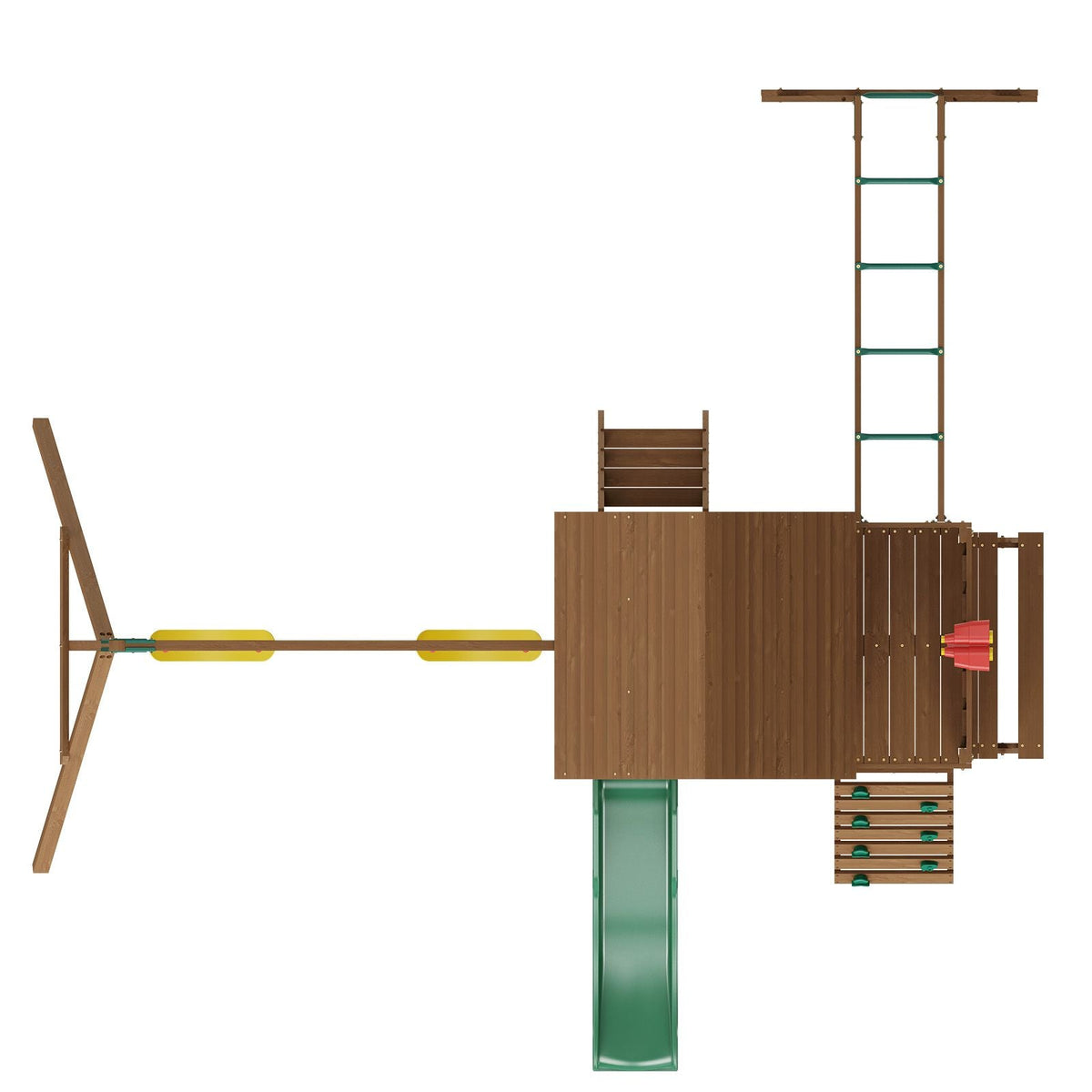Wooden Swing Set, 10 IN 1 Playground Sets for Backyards, 2 Swings, Trapeze Bar, 6FT Slide, Large Upper Fort with Kitchen Toys, Flat Step Ladder, Rock Wall, Picnic Table, Sandbox, Scaling Ladder
