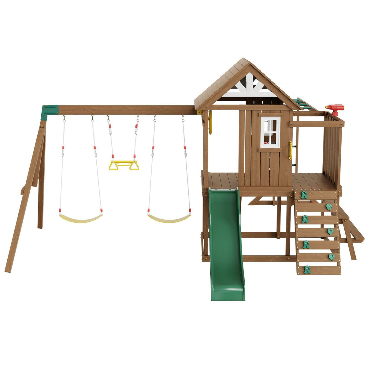 Wooden Swing Set, 10 IN 1 Playground Sets for Backyards, 2 Swings, Trapeze Bar, 6FT Slide, Large Upper Fort with Kitchen Toys, Flat Step Ladder, Rock Wall, Picnic Table, Sandbox, Scaling Ladder