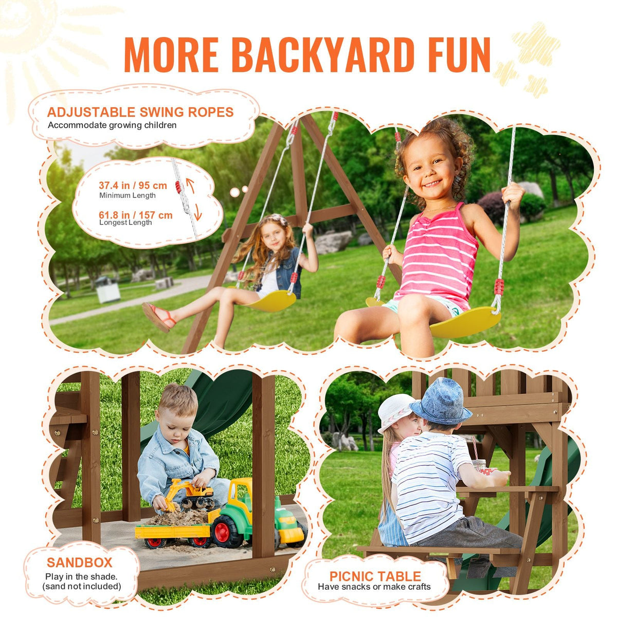 Wooden Swing Set, 10 IN 1 Playground Sets for Backyards, 2 Swings, Trapeze Bar, 6FT Slide, Large Upper Fort with Kitchen Toys, Flat Step Ladder, Rock Wall, Picnic Table, Sandbox, Scaling Ladder