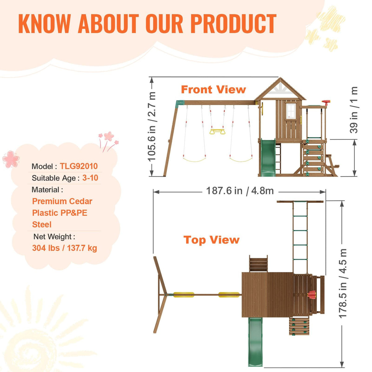 Wooden Swing Set, 10 IN 1 Playground Sets for Backyards, 2 Swings, Trapeze Bar, 6FT Slide, Large Upper Fort with Kitchen Toys, Flat Step Ladder, Rock Wall, Picnic Table, Sandbox, Scaling Ladder