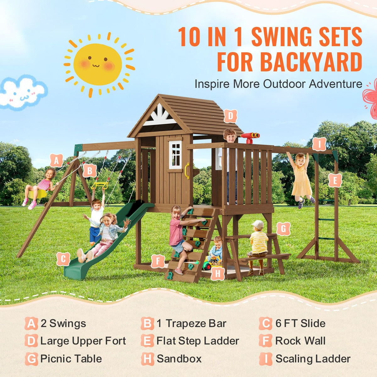 Wooden Swing Set, 10 IN 1 Playground Sets for Backyards, 2 Swings, Trapeze Bar, 6FT Slide, Large Upper Fort with Kitchen Toys, Flat Step Ladder, Rock Wall, Picnic Table, Sandbox, Scaling Ladder
