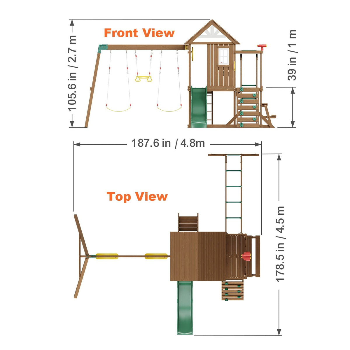 Wooden Swing Set, 10 IN 1 Playground Sets for Backyards, 2 Swings, Trapeze Bar, 6FT Slide, Large Upper Fort with Kitchen Toys, Flat Step Ladder, Rock Wall, Picnic Table, Sandbox, Scaling Ladder