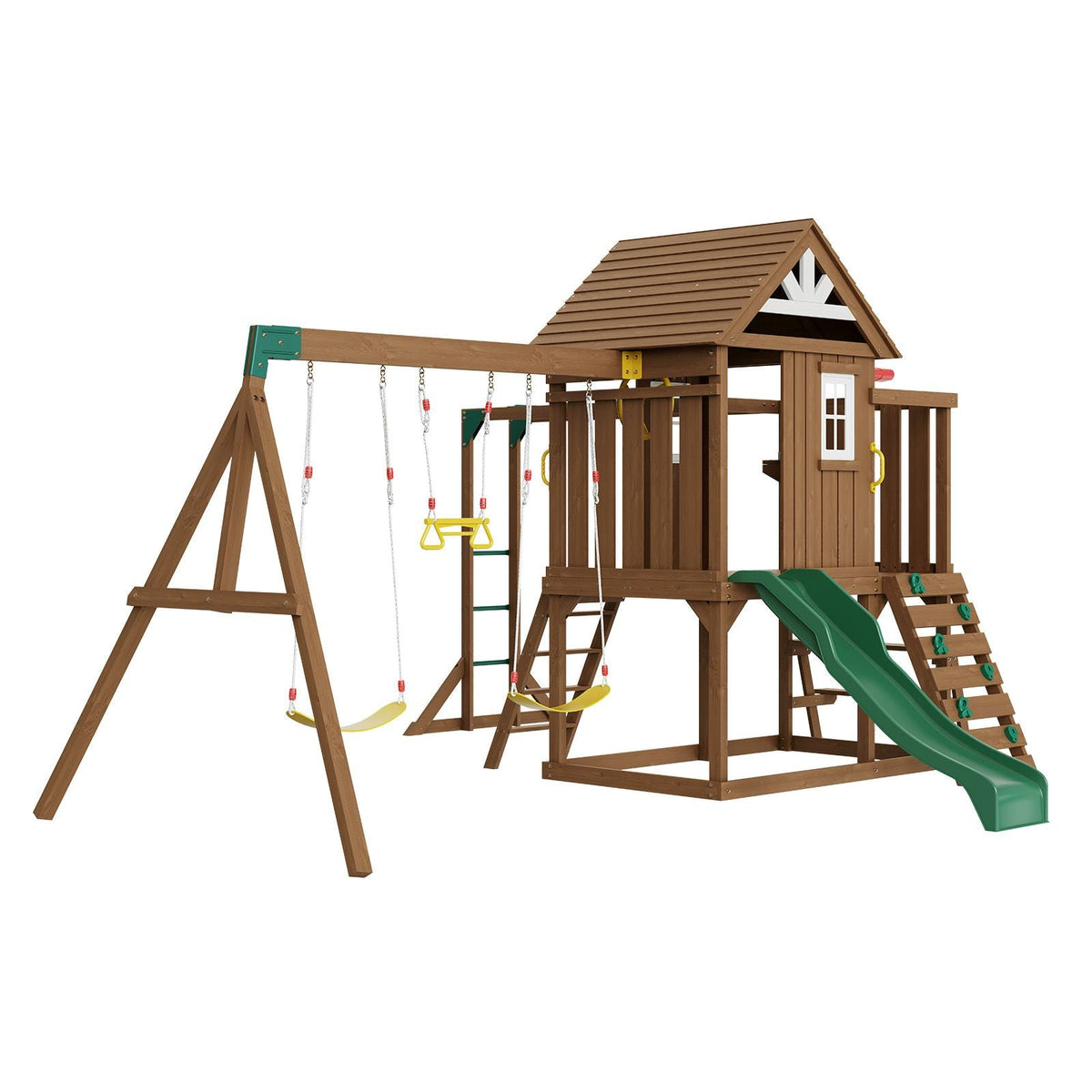 Wooden Swing Set, 10 IN 1 Playground Sets for Backyards, 2 Swings, Trapeze Bar, 6FT Slide, Large Upper Fort with Kitchen Toys, Flat Step Ladder, Rock Wall, Picnic Table, Sandbox, Scaling Ladder