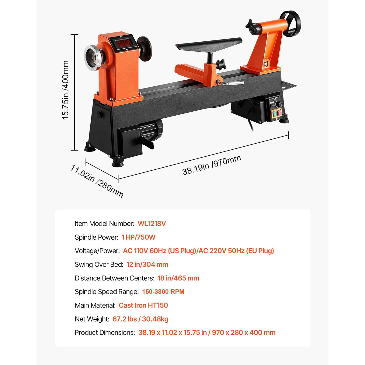 Woodworking Lathe, 1 HP, Benchtop Wood Lathe Machine with 0 to 3800 RPM Variable Speed, 12 x 18 in Workbench, Brushless DC Motor, Cast Iron Construction, for Beginner DIY Enthusiast Woodworking