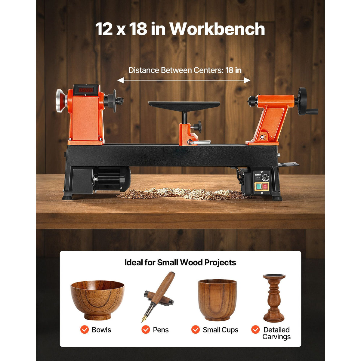 Woodworking Lathe, 1 HP, Benchtop Wood Lathe Machine with 0 to 3800 RPM Variable Speed, 12 x 18 in Workbench, Brushless DC Motor, Cast Iron Construction, for Beginner DIY Enthusiast Woodworking