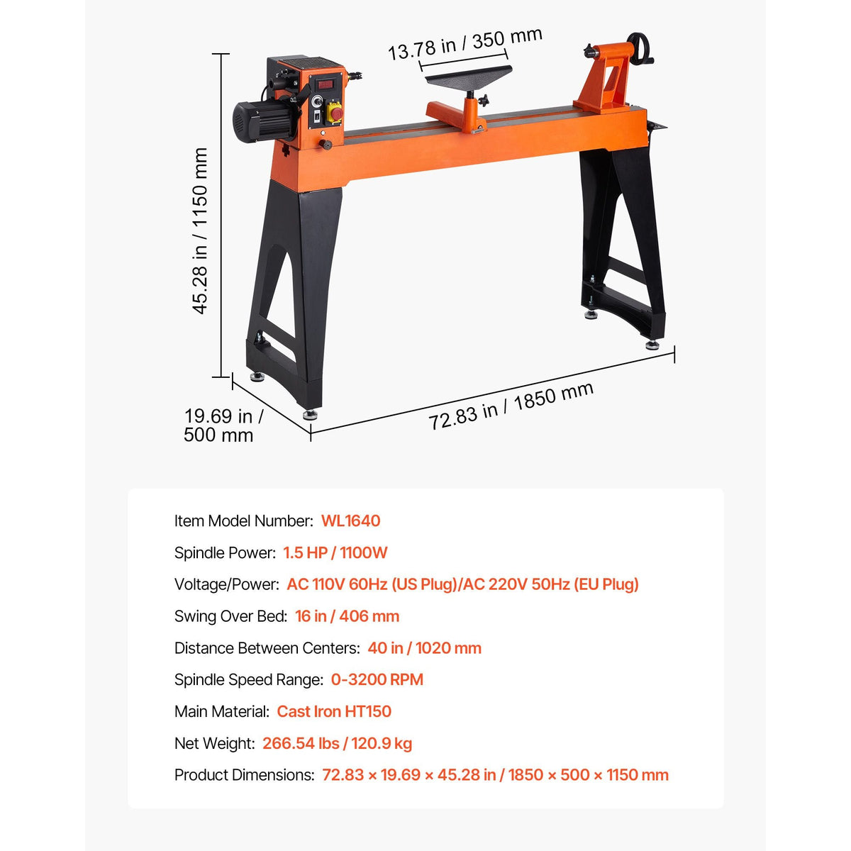 Woodworking Lathe, 1.5 HP, Wood Lathe Machine with 0 to 3200 RPM Variable Speed, 16 x 40 in Workbench, Brushless DC Motor, Cast Iron Body, Tool Rest, for Medium to Large Projects Woodworking