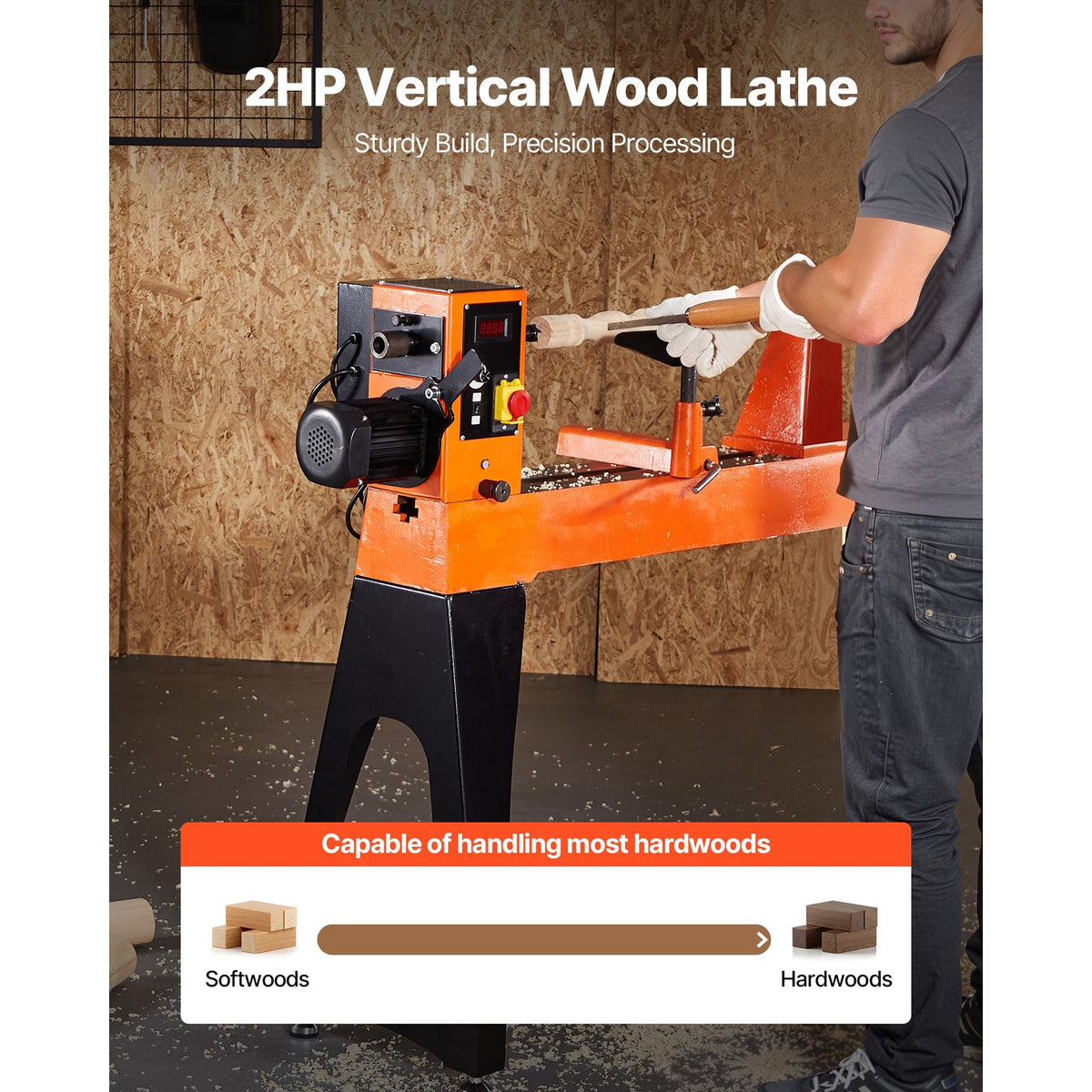 Woodworking Lathe, 2 HP, Wood Lathe Machine with 0 to 3200 RPM Variable Speed, 18 x 40 in Workbench, Brushless DC Motor, Cast Iron Body, Tool Rest, for Medium to Large Projects Woodworking
