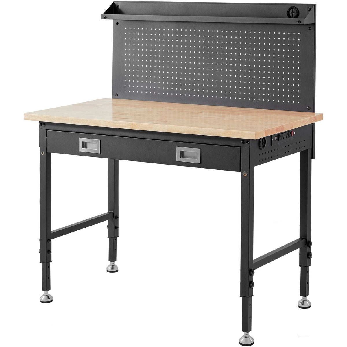 Workbench Adjustable Height 28-39.5" Work Bench For Garage Oak Plank & Carbon Steel Heavy Duty Workbench 2000lbs Weight Capacity Bench top Size 48x24" Hardwood Workbench 3m Cable 30 Hooks