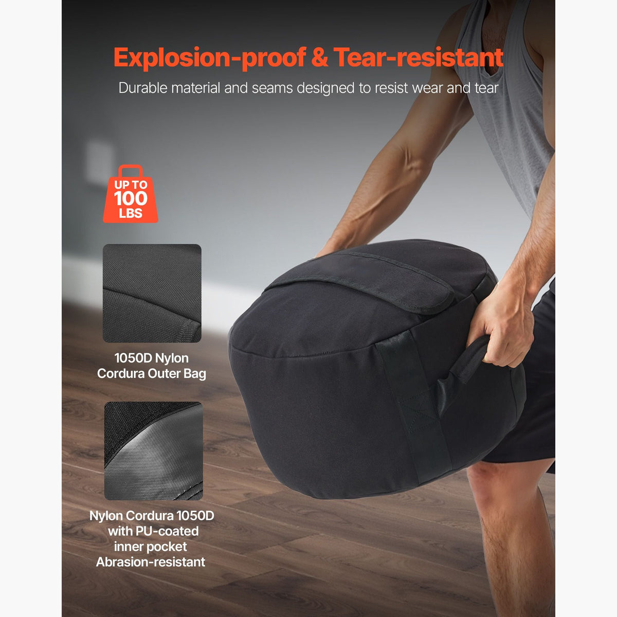 Workout Sandbag, Heavy Duty Workout Power Bags with Handles, 100 lbs/45 kg Slam Bag for Fitness Strength Weight Training Cross-Training, Home Gym Exercise, Black (Unfilled)