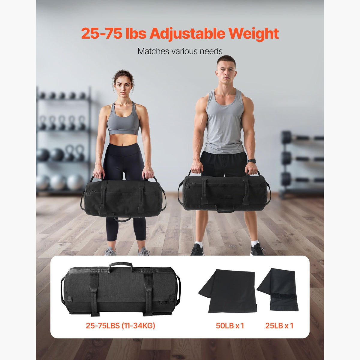 Workout Sandbag, Heavy Duty Workout Power Bags with Handles, 25-75 lbs Adjustable Slam Bag for Fitness Strength Weight Training Cross-Training, Home Gym Exercise, Black (Unfilled)