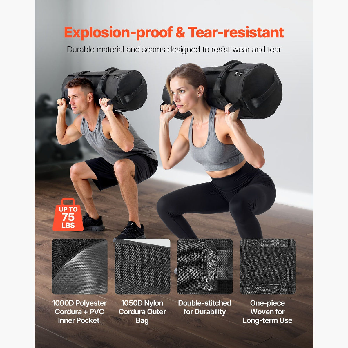 Workout Sandbag, Heavy Duty Workout Power Bags with Handles, 25-75 lbs Adjustable Slam Bag for Fitness Strength Weight Training Cross-Training, Home Gym Exercise, Black (Unfilled)