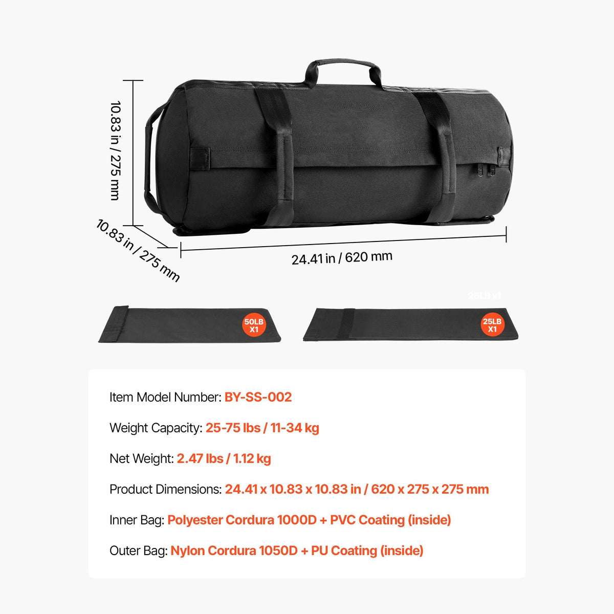 Workout Sandbag, Heavy Duty Workout Power Bags with Handles, 25-75 lbs Adjustable Slam Bag for Fitness Strength Weight Training Cross-Training, Home Gym Exercise, Black (Unfilled)