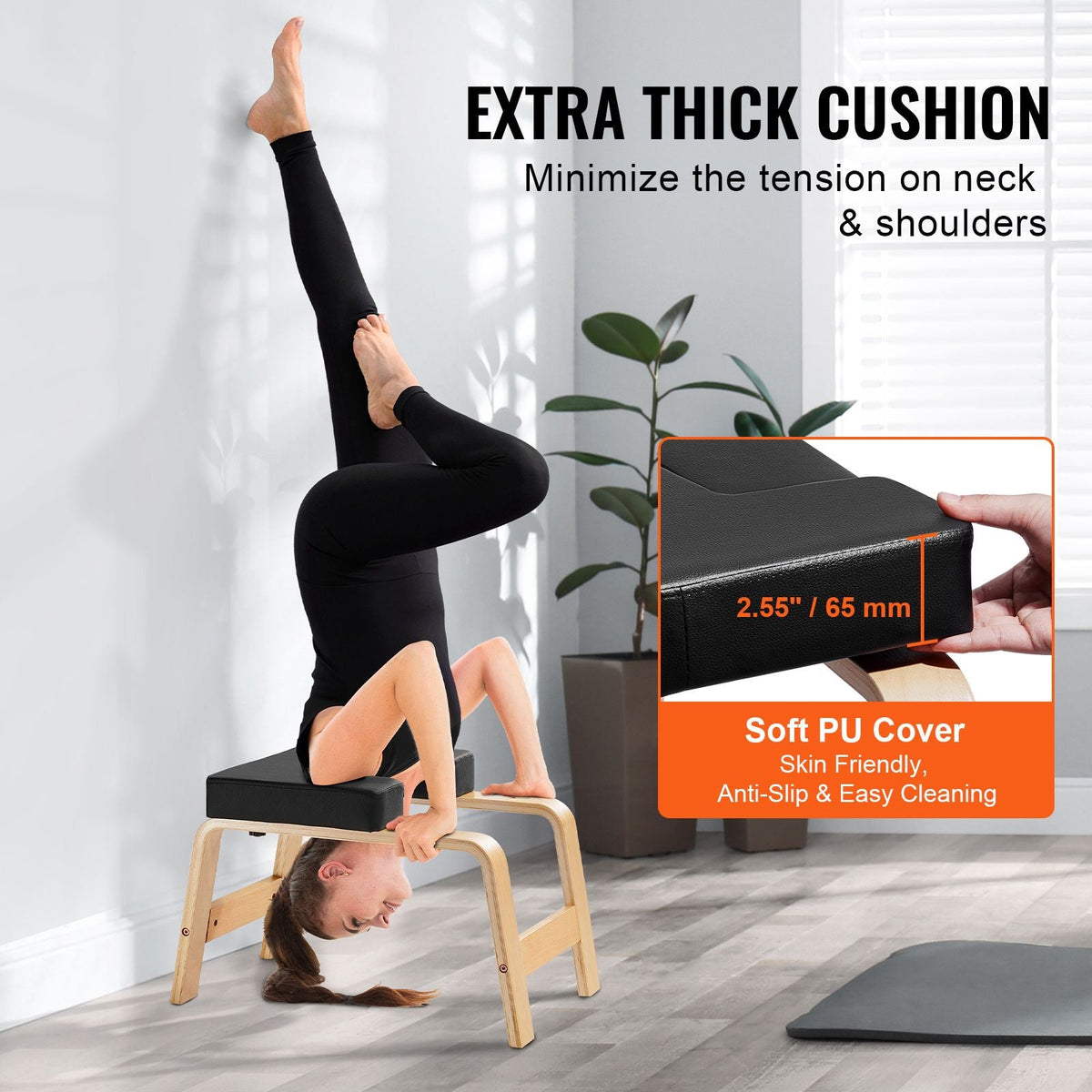 Yoga Headstand Bench, 300 lbs Capacity Yoga Inversion Chair for Family Gym, Headstand Trainer with Wood Frame & PU Pad, Stand Yoga Stool for Strength Balance Training, Relieve Fatigue, Black