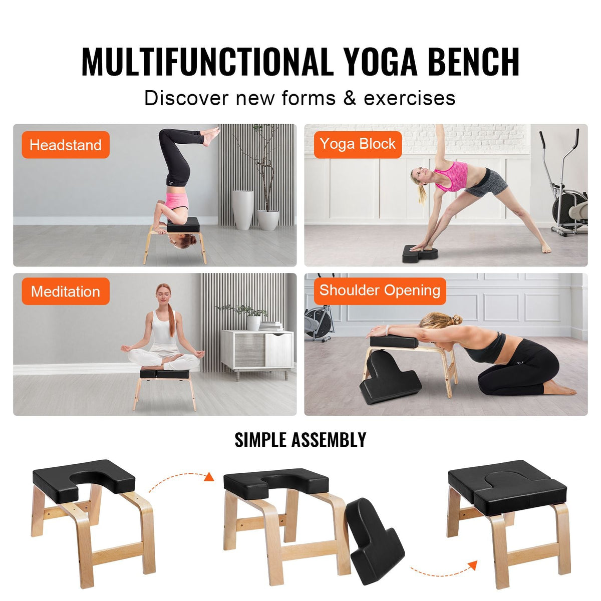 Yoga Headstand Bench, 300 lbs Capacity Yoga Inversion Chair for Family Gym, Headstand Trainer with Wood Frame & PU Pad, Stand Yoga Stool for Strength Balance Training, Relieve Fatigue, Black