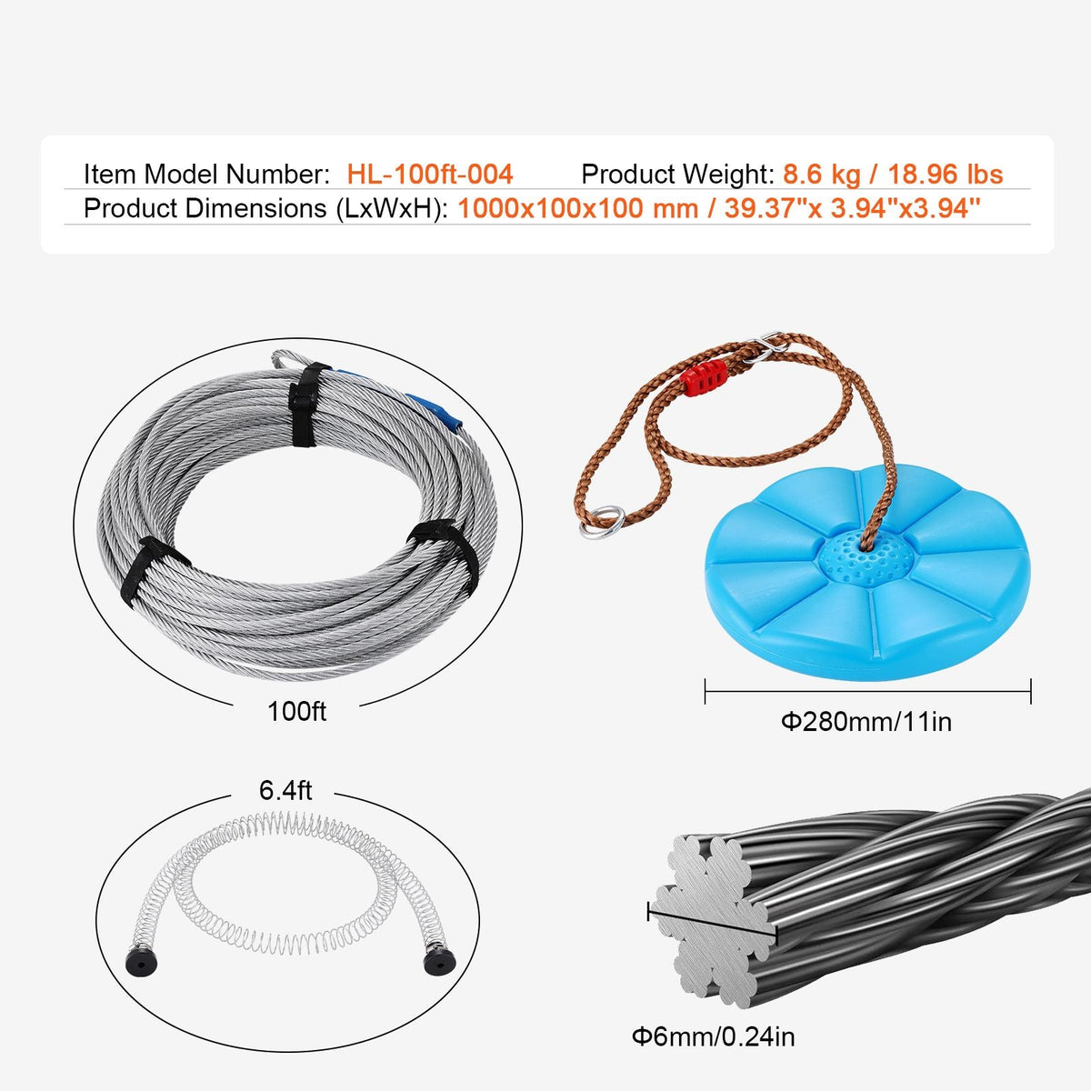 Zipline Kit for Kids and Adult, 100 ft Zip Line Kits Up to 500 lb, Backyard Outdoor Quick Setup Zipline, Playground Entertainment with Stainless Steel Zipline, Spring Brake, Safety Harness, Seat