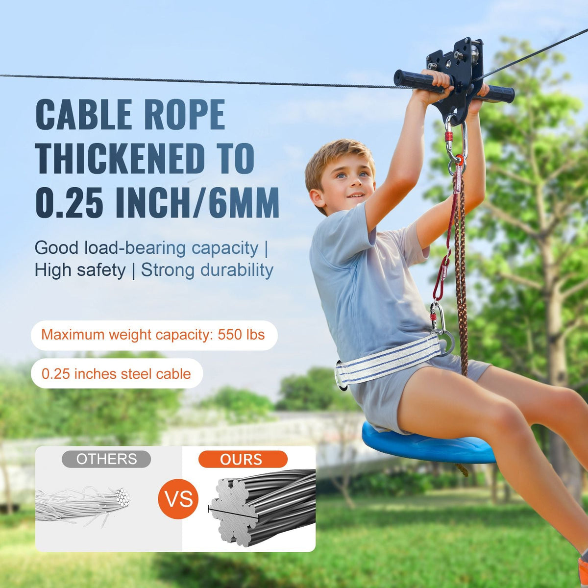 Zipline Kit for Kids and Adult, 100 ft Zip Line Kits Up to 500 lb, Backyard Outdoor Quick Setup Zipline, Playground Entertainment with Stainless Steel Zipline, Spring Brake, Safety Harness, Seat