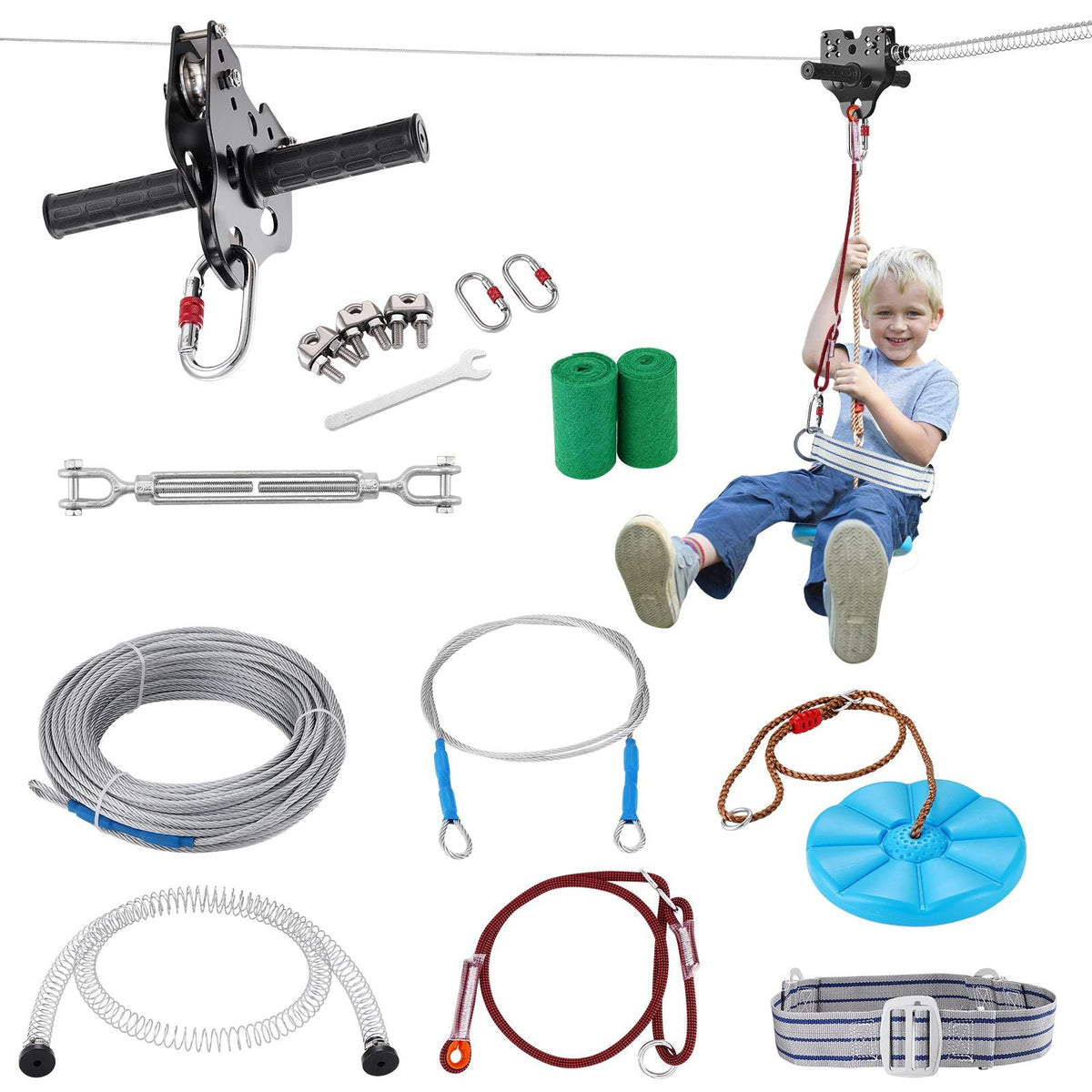 Zipline Kit for Kids and Adult, 160 ft Zip Line Kits Up to 330 lb, Backyard Outdoor Quick Setup Zipline, Playground Entertainment with Stainless Steel Zipline, Spring Brake, Safety Harness, Seat
