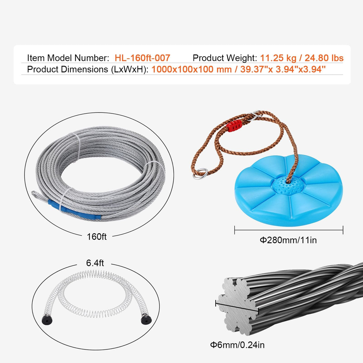 Zipline Kit for Kids and Adult, 160 ft Zip Line Kits Up to 330 lb, Backyard Outdoor Quick Setup Zipline, Playground Entertainment with Stainless Steel Zipline, Spring Brake, Safety Harness, Seat